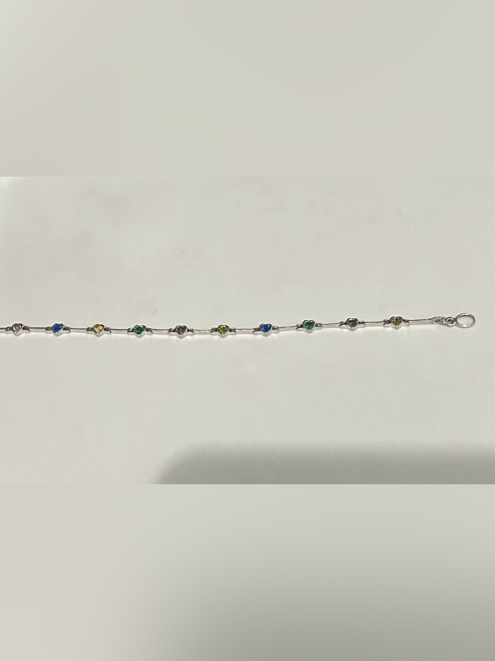 Sterling Silver Heart Station Bracelet with Blue, Green, and Pink Stones